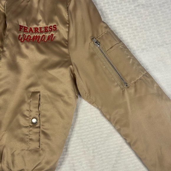 Upcycled Satin Puff Embroidered Bomber Jacket "Fearless Woman" M/L - Picture 2 of 8
